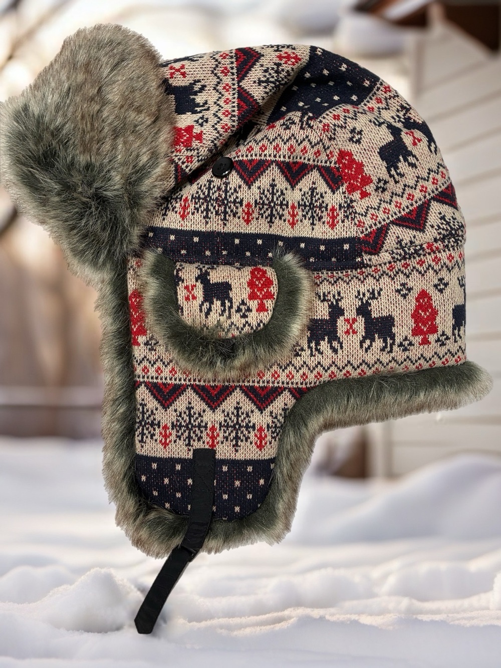 Janie & Robbin’s Red Navy & Cream Knit Trapper Hat with Faux Fur Adult M